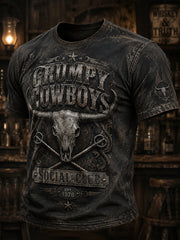 Men's Retro Western Cowboy Skull Graphic Distressed T-Shirt