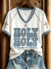 Women's Vintage Holy Glitter Denim Art Print short-sleeved T-shirt