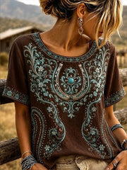 Women's Vintage Western Art Linen Short Sleeves Shirt