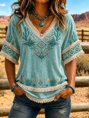 Women's Vintage Western Art Cotton-Linen Shirt