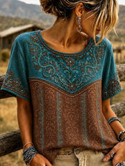 Women's Vintage Western Art Linen Short Sleeves Shirt