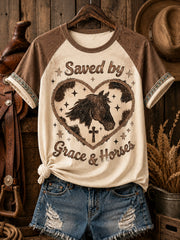 Women's Saved by Grace and Horses Western Faith Cowhide Heart Cross Printed Off-shoulder T-shirt