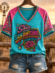 Women's She's From Texas I Can Tell Print Casual V-Neck Tee