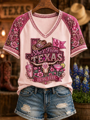 Women's She's From Texas I Can Tell Print Casual V-Neck Tee