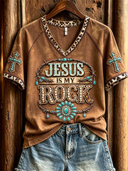 Women's Vintage Jesus Is My Rock Turquoise Leopard Western Print short-sleeved T-shirt
