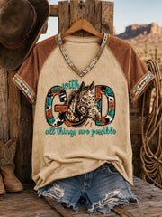 Women's With God All Things Are Possible Horse Western Faith Printed V-neck Off-shoulder T-shirt