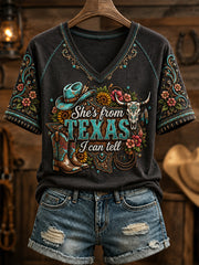 Women's She's From Texas I Can Tell Print Casual V-Neck Tee