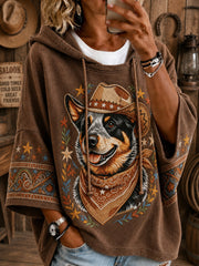 Women's Retro Western Cowboy Dog Casual Loose Hoodie