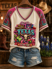 Women's She's From Texas I Can Tell Print Casual V-Neck Tee