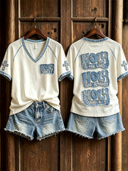 Women's Holy is the Lord God Almighty Vintage Denim Print short-sleeved T-shirt