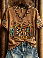 Women's Not Lucky Just Blessed Western Cross Print short sleeve T-shirt