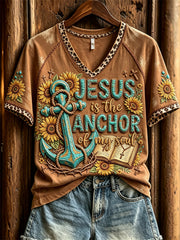 Women's Jesus Is the Anchor of My Soul Sunflowers Western Print short-sleeved T-shirt