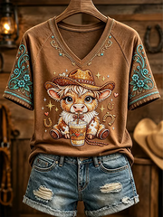 Women's Western Style Highland Cow Printed V-neck off-shoulder short-sleeved T-shirt