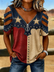 Women's Western Pattern V-neck zipper T-shirt