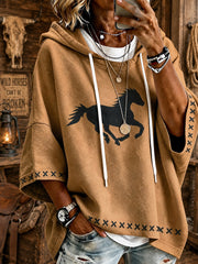 Women's Retro Western Horse Print Casual Hoodie