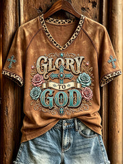 Women's Western Glory To God Christian Floral Cross Print V-neck Short-sleeved T-shirt