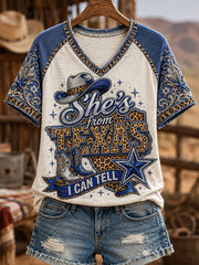 Women's She's From Texas I Can Tell Print Casual V-Neck Tee
