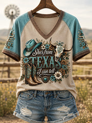 Women's She's From Texas I Can Tell Print Casual V-Neck Tee