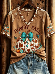 Women's Howdy Fall Western Pumpkin Turquoise Cowhide Print short-sleeved T-shirt
