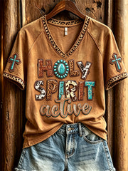 Women's Holy Spirit Active Turquoise Leopard Cowhide Western Print short-sleeved T-shirt