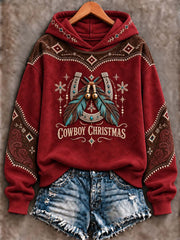 Women's Western Cowboy Christmas Horseshoe & Turquoise Feathers Hoodie