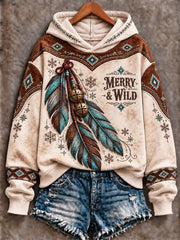 Women's Western Christmas "Merry & Wild" Turquoise Feathers & Jingle Bells Boho Art Hoodie