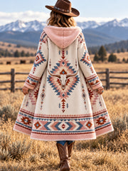 Women's Western Aztec Bull Skull Print Casual Long Flannel Cardigan