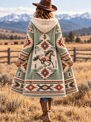 Women's Western Aztec Horse Print Casual Long Flannel Cardigan
