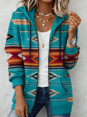Women's Vintage Aztec Print Casual  Zip-Up Hoodie