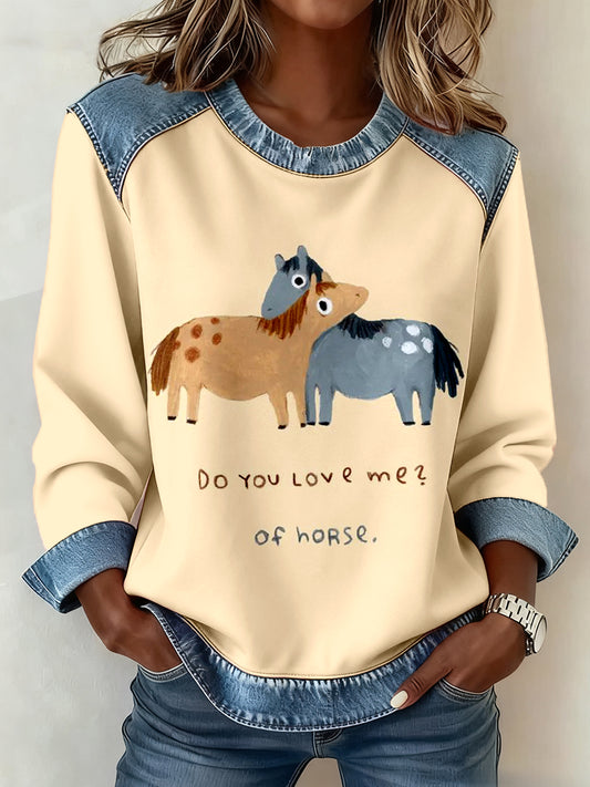 Women's Horse Art Print Denim Patchwork Sweatshirt