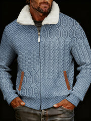 Men's Retro Casual Cable Pattern Print Fur Collar Zipper Jacket