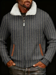 Men's Retro Casual Stripes Printed Fur Collar Zip-Up Jacket
