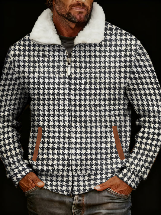 Men's Retro Casual Houndstooth Printed Fur Collar Zip-Up Jacket