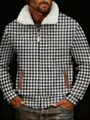 Men's Retro Casual Houndstooth Printed Fur Collar Zip-Up Jacket