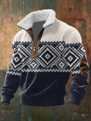 Men's Retro Pattern Print Casual Fur Collar Zip-Up Jacket