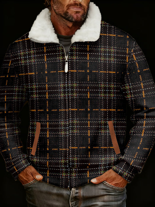 Men's Retro Plaid Print Fur Collar Zip-Up Jacket
