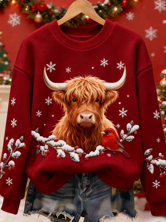 Women's Vintage Christmas Highland Cattle Printed Sweatshirt