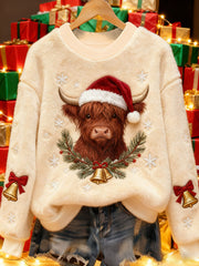 Women's Vintage Christmas Highland Cattle Printed Flannel Sweatshirt