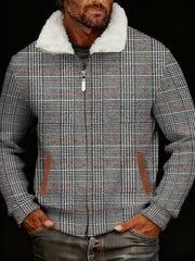 Men's Retro Casual Houndstooth Printed Fur Collar Zip-Up Jacket