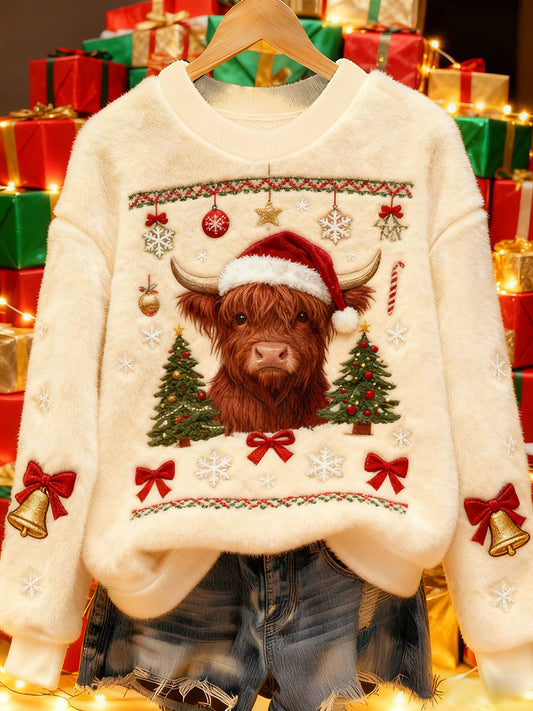 Women's Vintage Christmas Highland Cattle Printed Flannel Sweatshirt