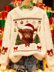 Women's Vintage Christmas Highland Cattle Printed Flannel Sweatshirt