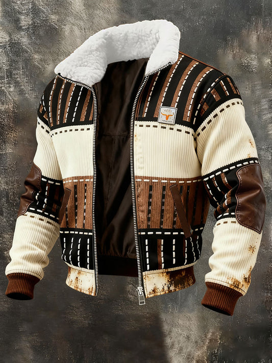 Men's Retro Color Block Print Casual Fur Collar Zip-up Sweatshirt