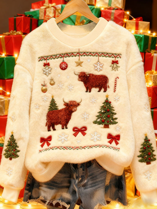 Women's Vintage Christmas Highland Cattle Printed Flannel Sweatshirt