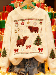 Women's Vintage Christmas Highland Cattle Printed Flannel Sweatshirt