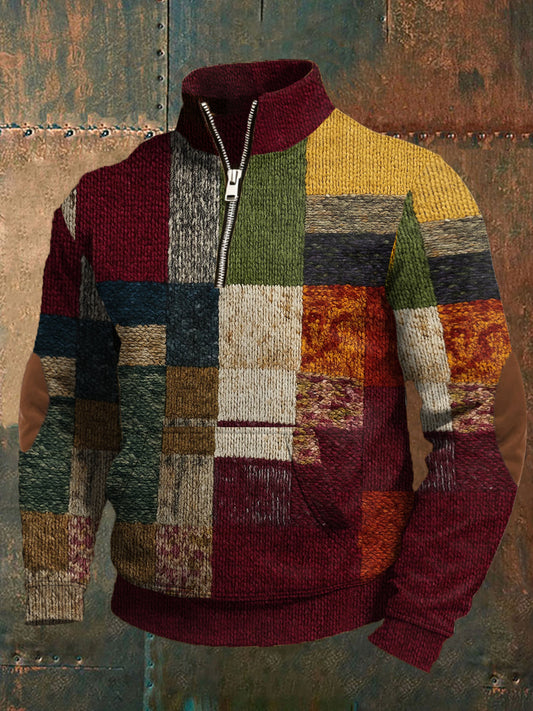 Men's Retro Color Block Print Zip-Up Pullover