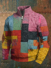 Men's Retro Color Block Print Zip-Up Pullover