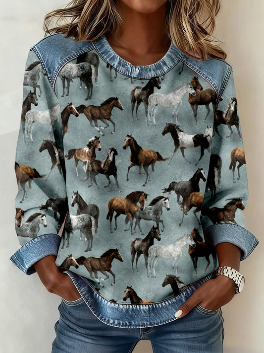 Women's Vintage Horse Art Print Denim Patchwork Sweatshirt