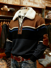 Men's Retro Plaid Print Casual Fur Collar Zipper Top