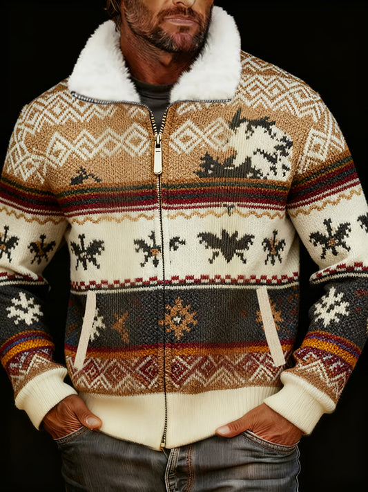 Men's Retro Cable Pattern Print Casual Fur Collar Zip-Up Jacket