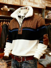 Men's Retro Plaid Print Casual Fur Collar Zipper Top